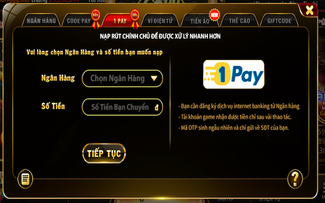 Tiến hành nạp tiền vào tài khoản game tại nhà cái go88